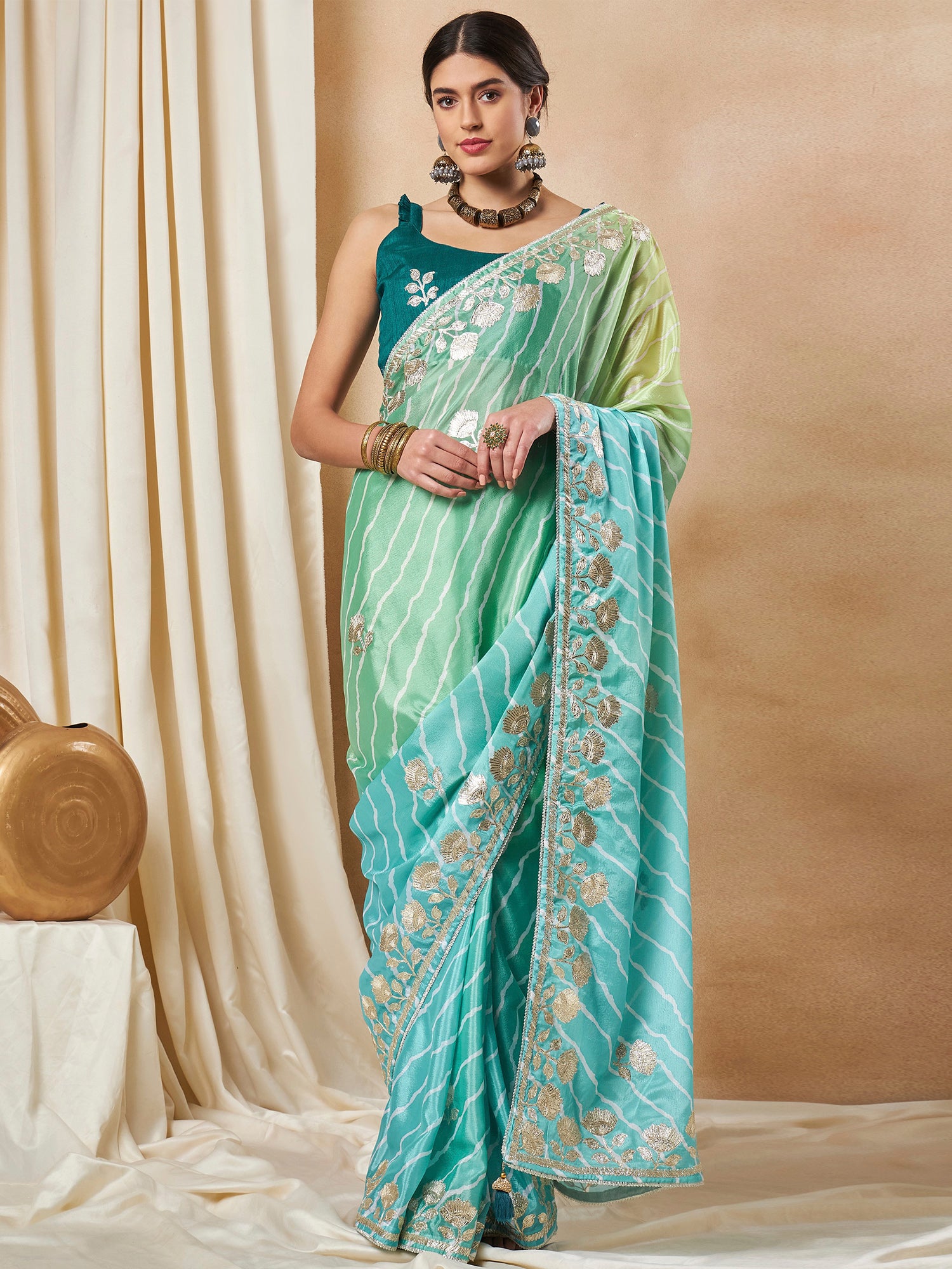 Women's Chiffon Light Blue Embroidered Designer Saree With Blouse Piece