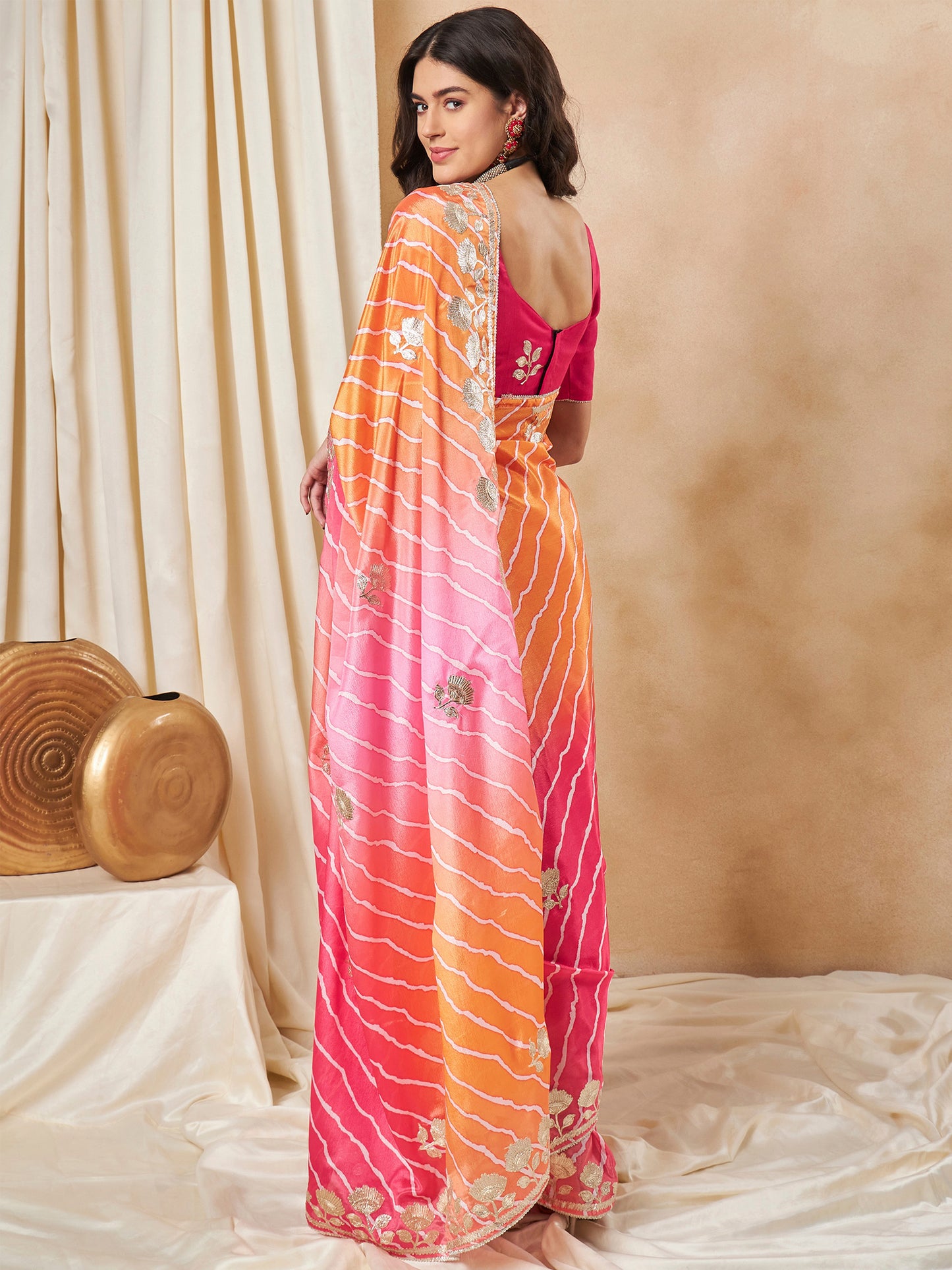 Women's Chiffon Pink Embroidered Designer Saree With Blouse Piece