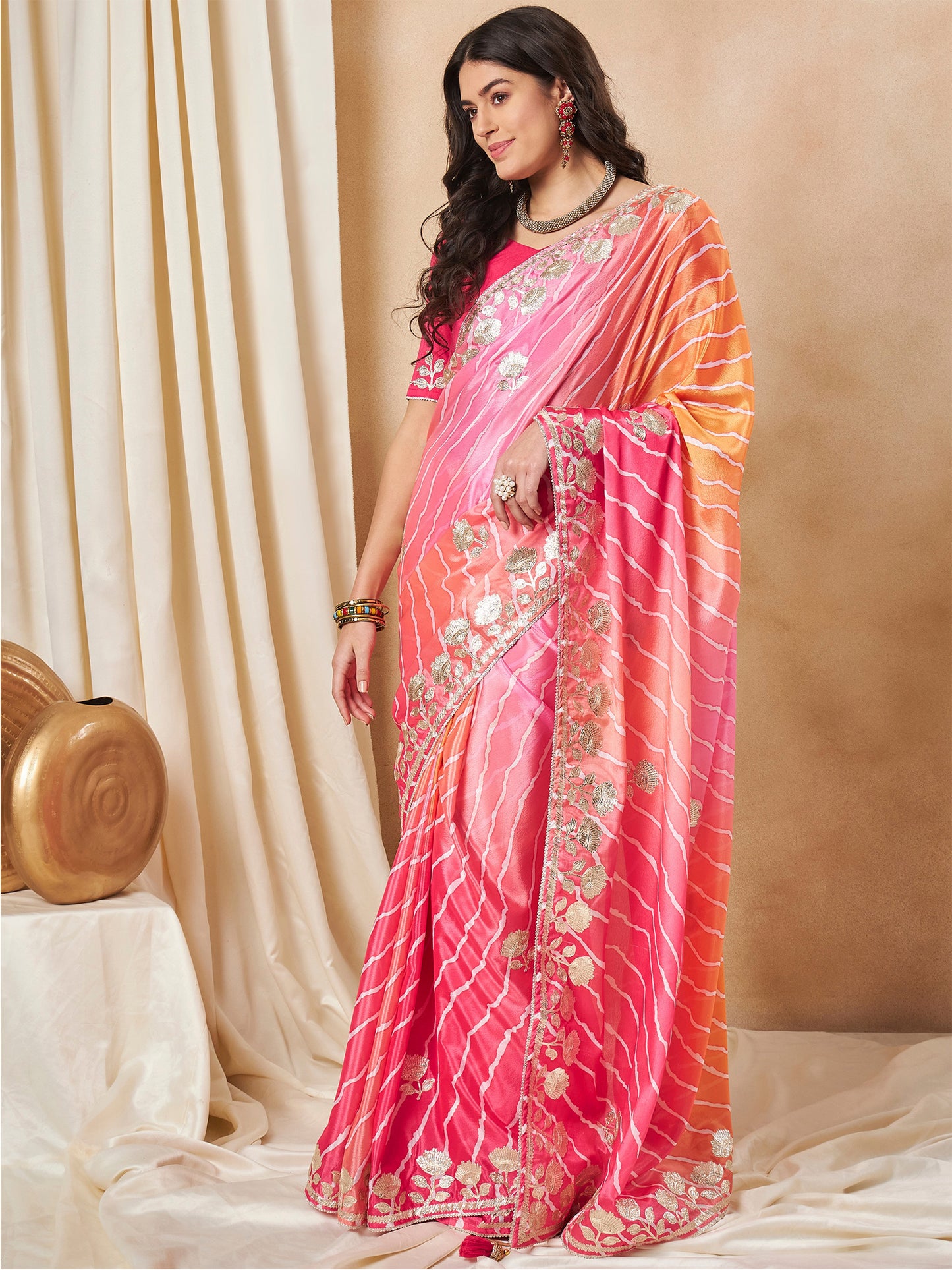 Women's Chiffon Pink Embroidered Designer Saree With Blouse Piece
