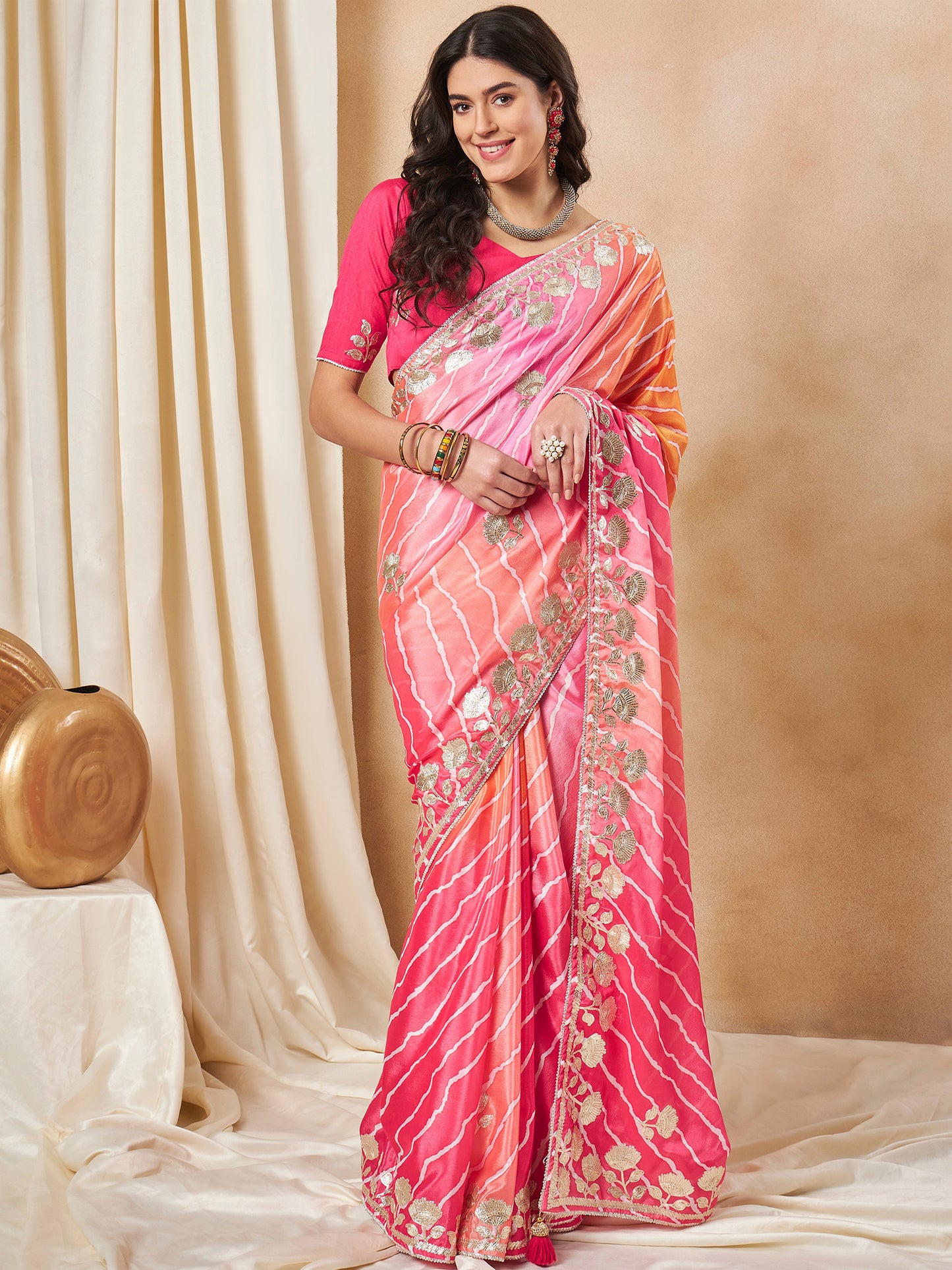 Women's Chiffon Pink Embroidered Designer Saree With Blouse Piece