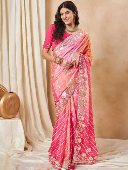 Women's Chiffon Pink Embroidered Designer Saree With Blouse Piece