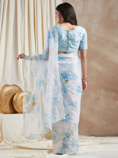 Women's Organza Light Blue Embellished Designer Saree With Blouse Piece