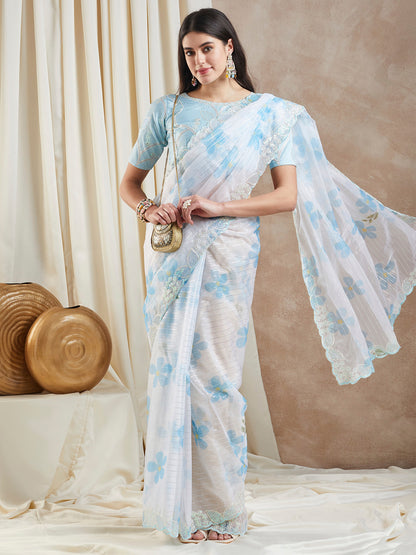 Women's Organza Light Blue Embellished Designer Saree With Blouse Piece