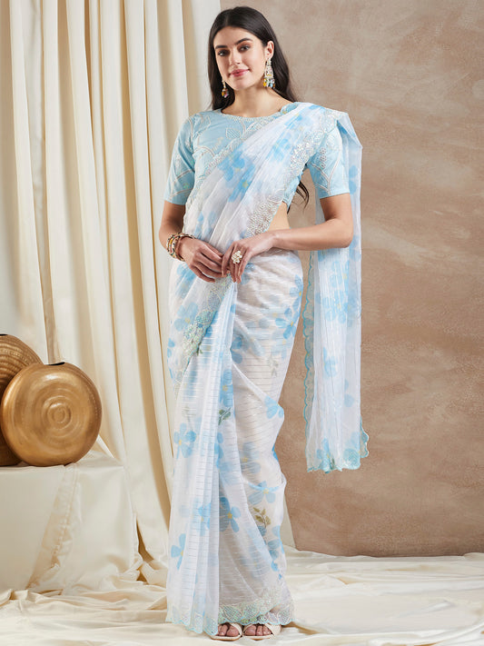 Women's Organza Light Blue Embellished Designer Saree With Blouse Piece