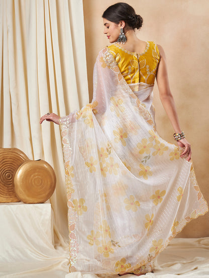 Women's Organza Yellow Embellished Designer Saree With Blouse Piece