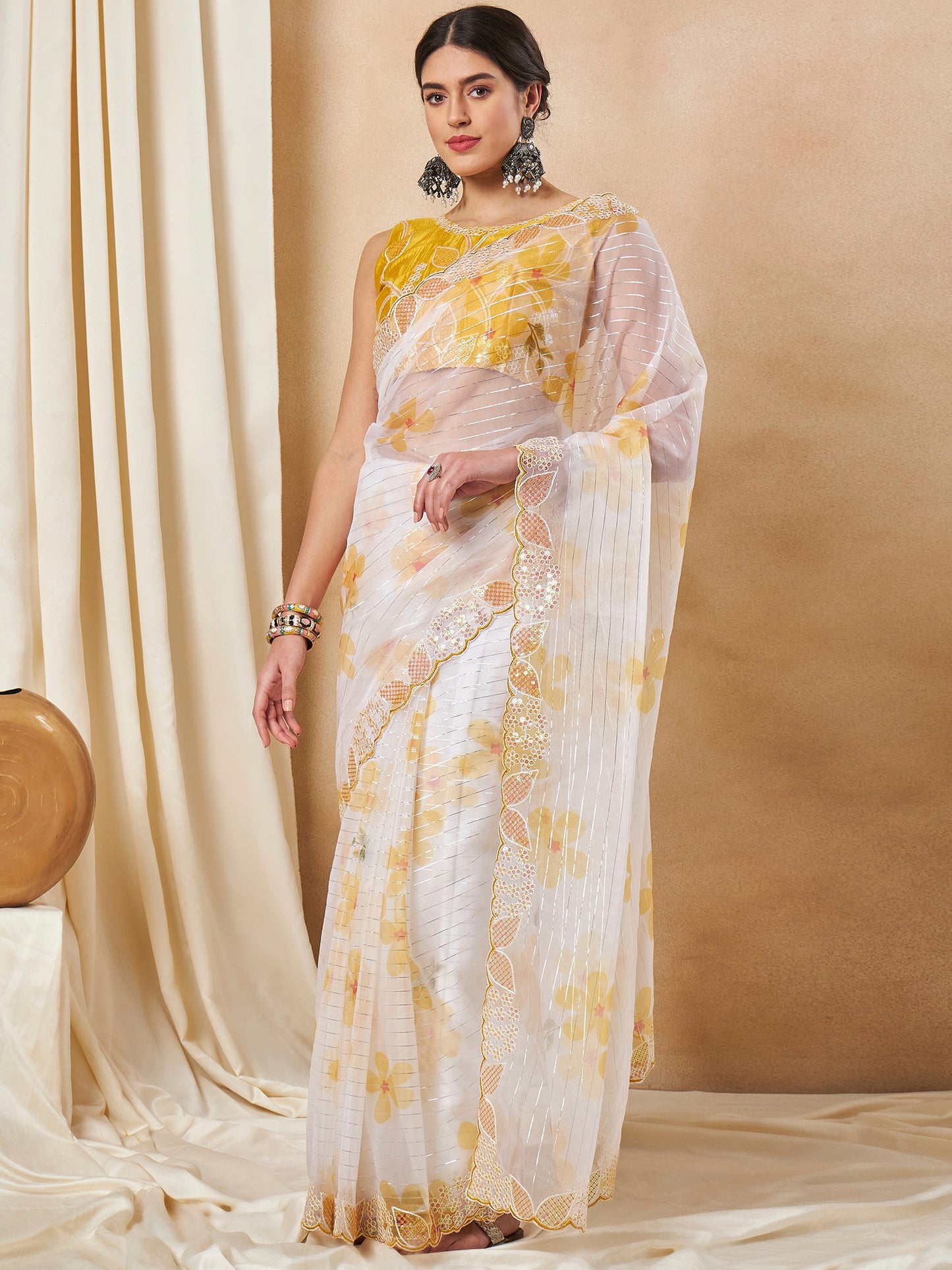 Women's Organza Yellow Embellished Designer Saree With Blouse Piece