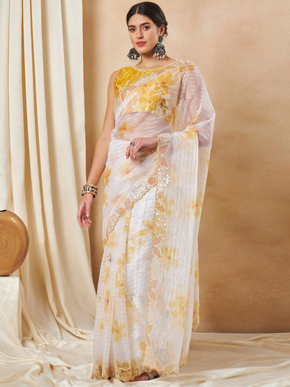 Women's Organza Yellow Embellished Designer Saree With Blouse Piece