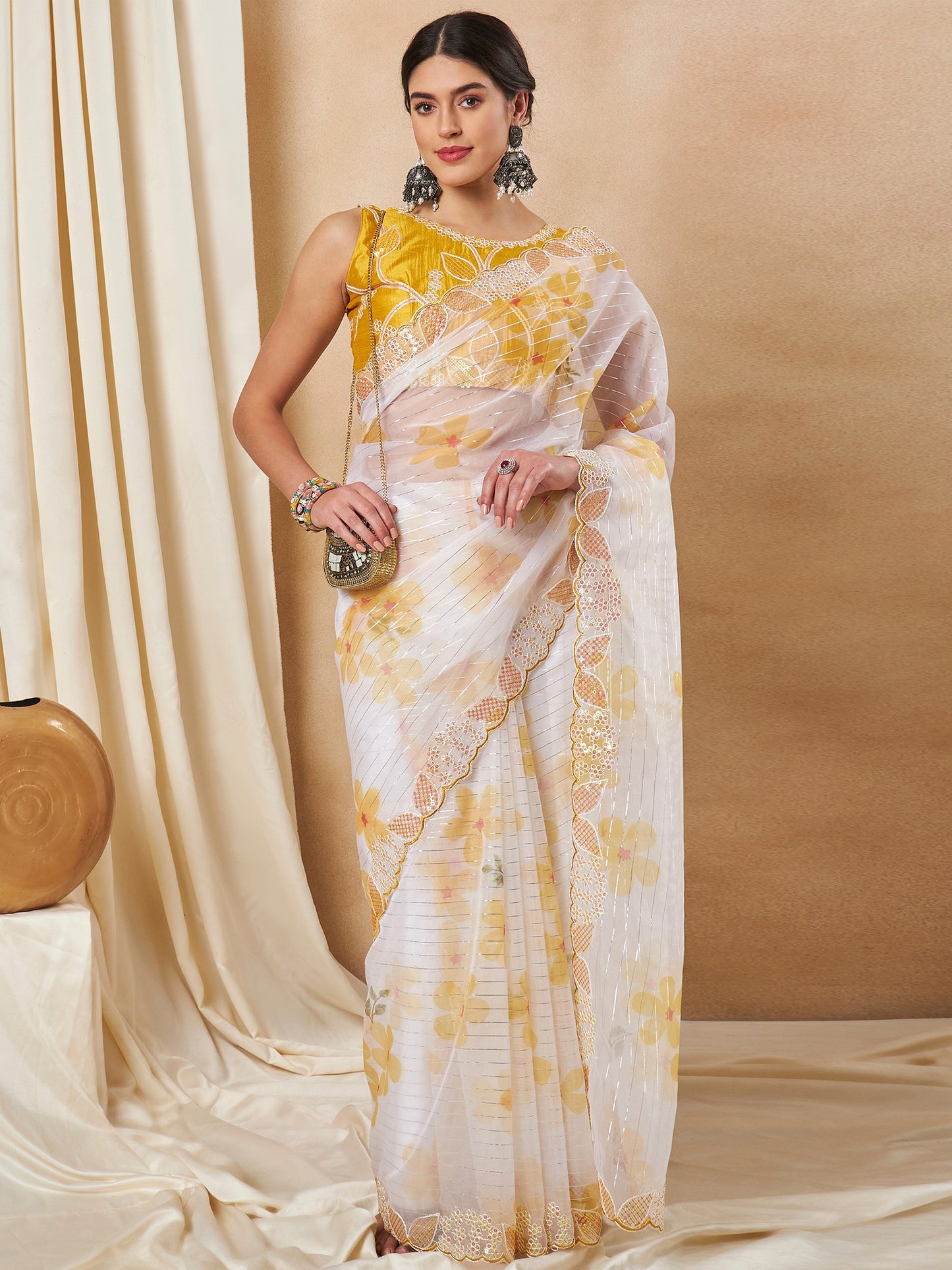 Women's Organza Yellow Embellished Designer Saree With Blouse Piece
