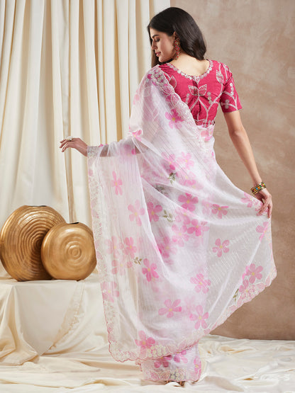 Women's Organza Pink Embellished Designer Saree With Blouse Piece