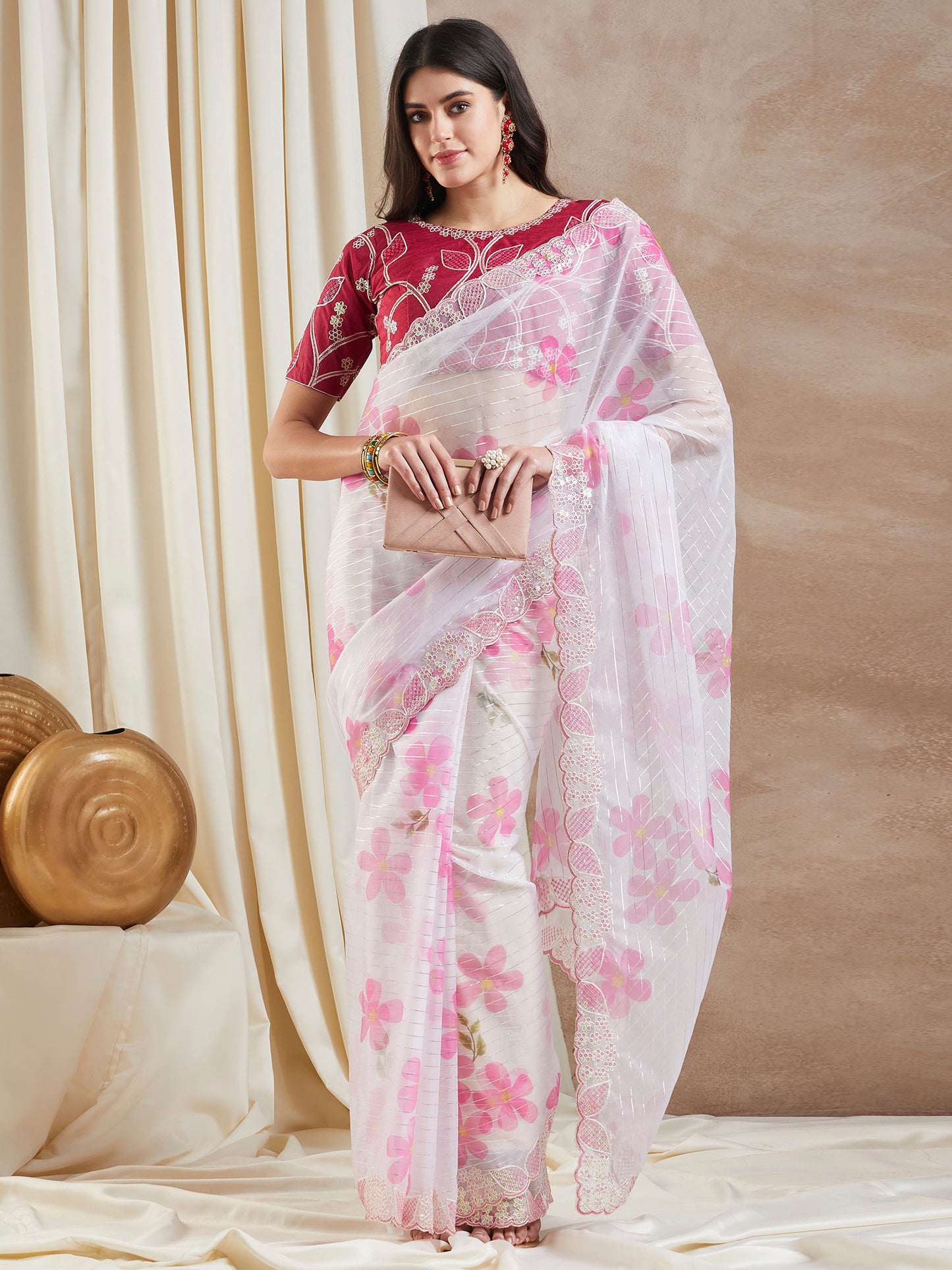 Women's Organza Pink Embellished Designer Saree With Blouse Piece