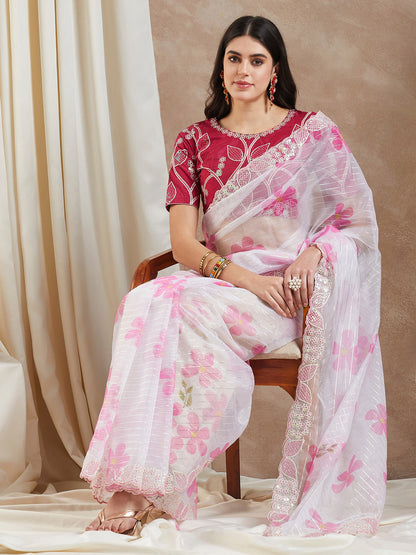Women's Organza Pink Embellished Designer Saree With Blouse Piece