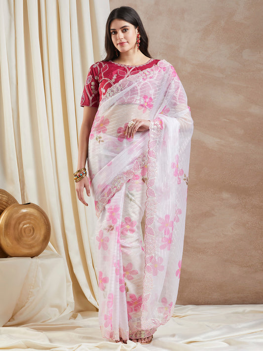 Women's Organza Pink Embellished Designer Saree With Blouse Piece