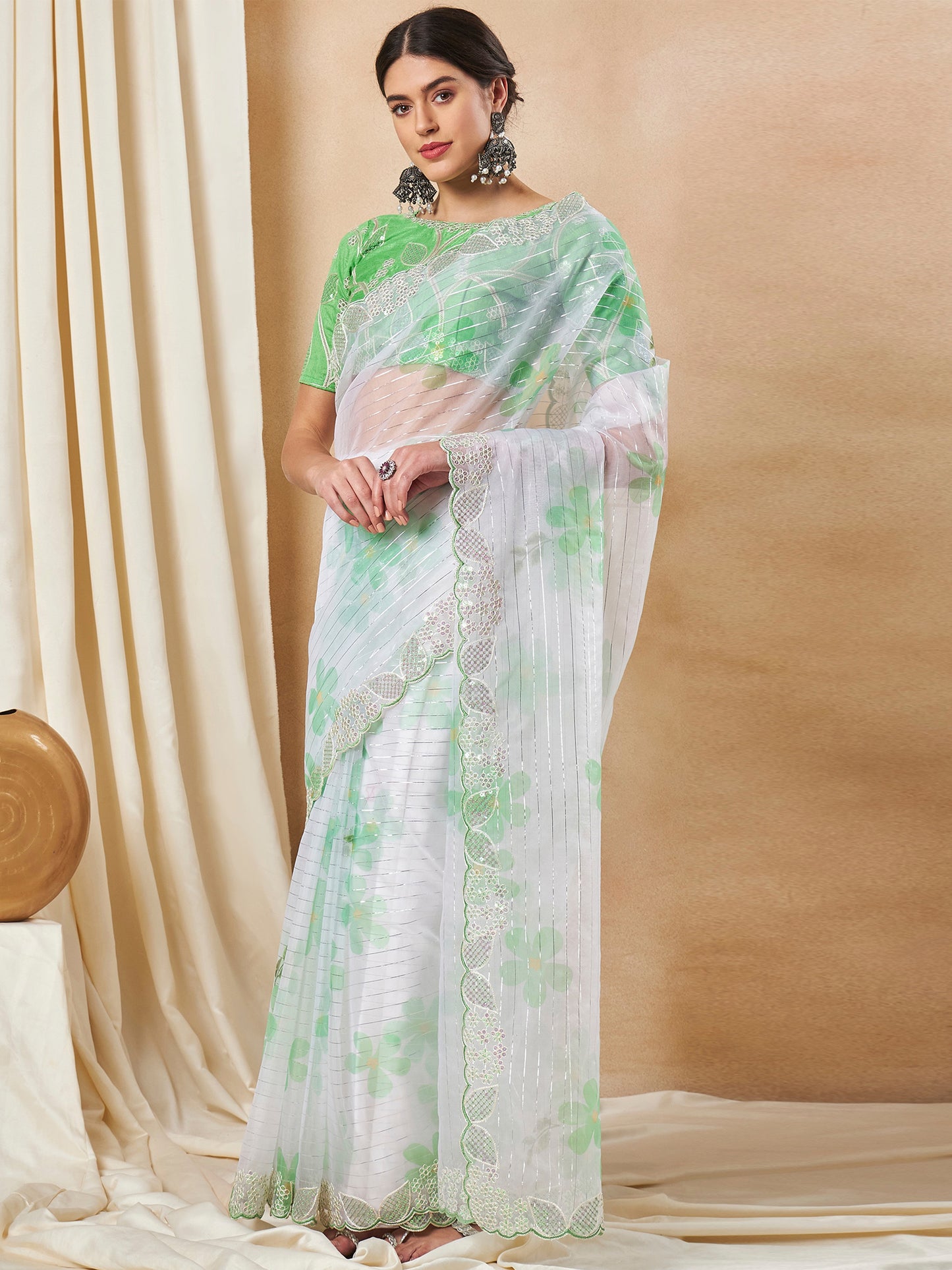Women's Organza Light Green Embellished Designer Saree With Blouse Piece
