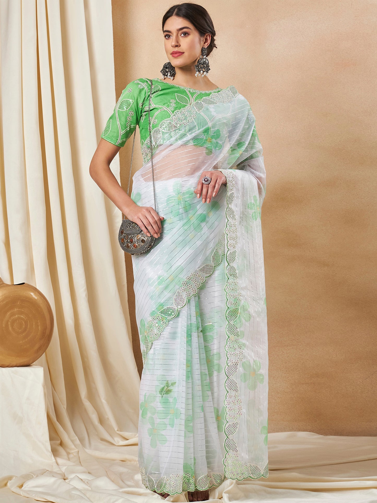 Women's Organza Light Green Embellished Designer Saree With Blouse Piece