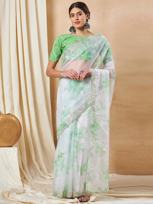 Women's Organza Light Green Embellished Designer Saree With Blouse Piece