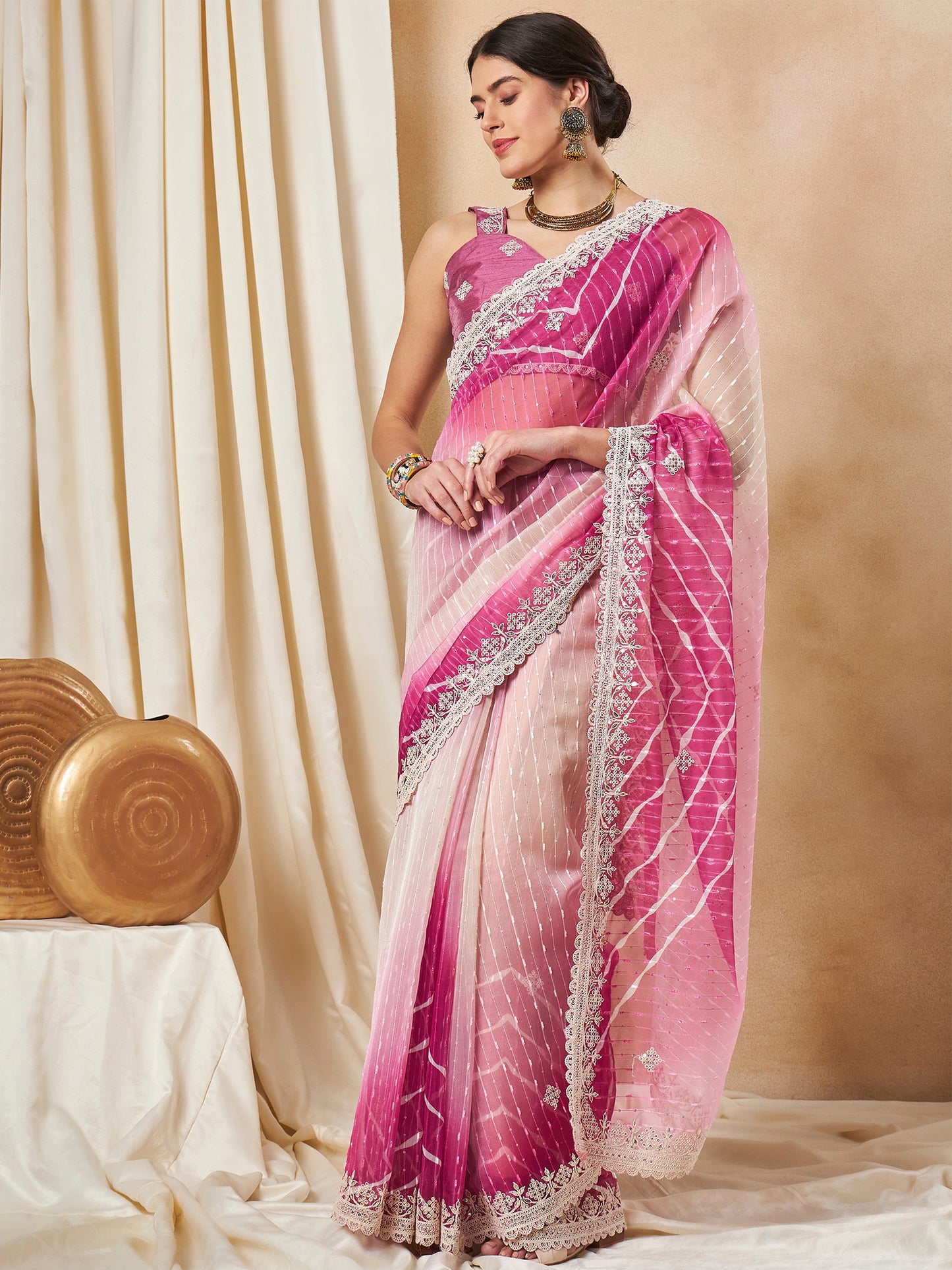 Women's Net Pink Embellished Designer Saree With Blouse Piece