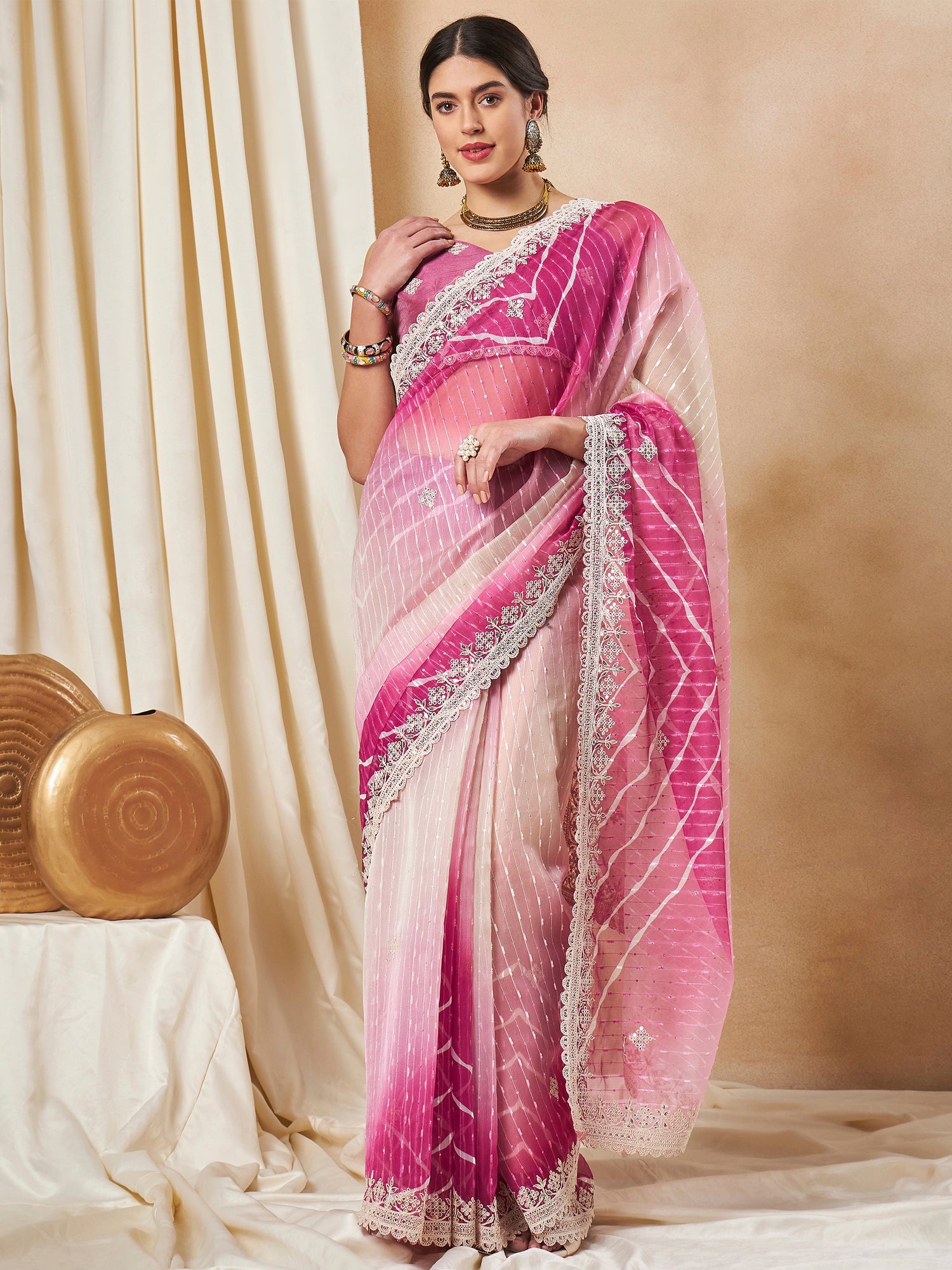 Women's Net Pink Embellished Designer Saree With Blouse Piece