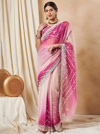 Women's Net Pink Embellished Designer Saree With Blouse Piece