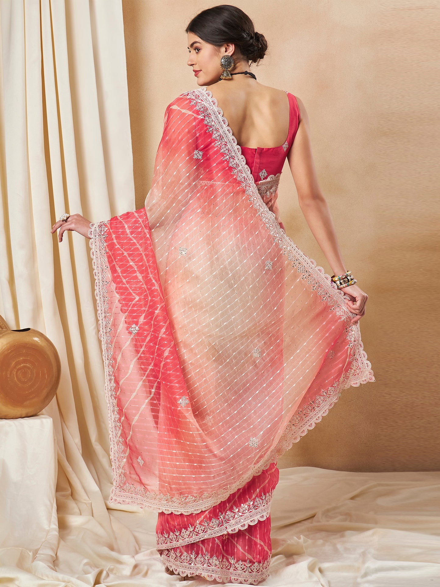 Women's Net Red Embellished Designer Saree With Blouse Piece