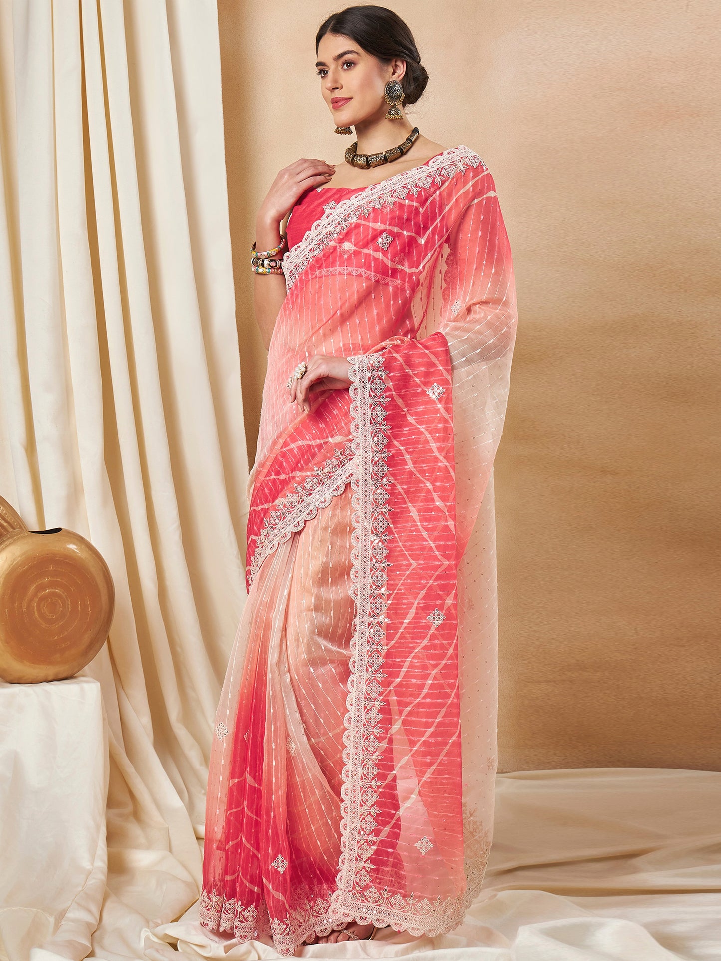 Women's Net Red Embellished Designer Saree With Blouse Piece