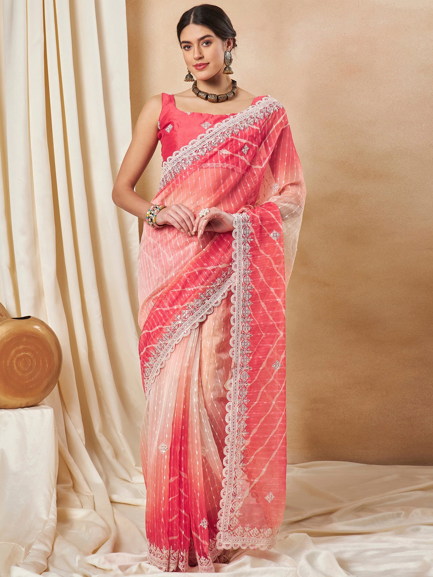 Women's Net Red Embellished Designer Saree With Blouse Piece