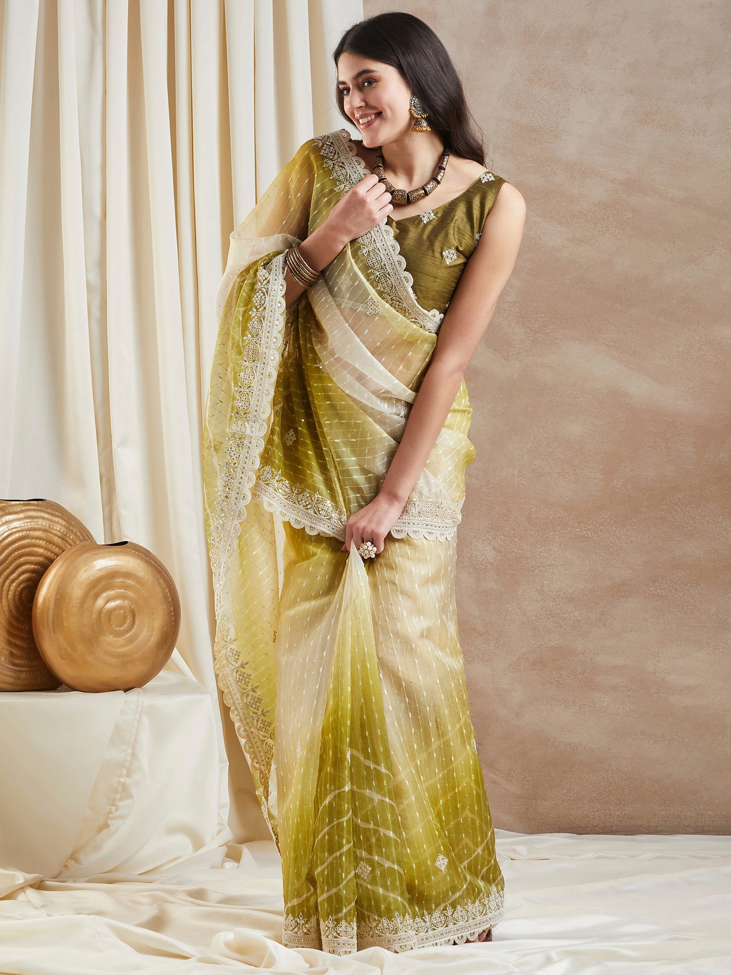 Women's Net Olive Embellished Designer Saree With Blouse Piece