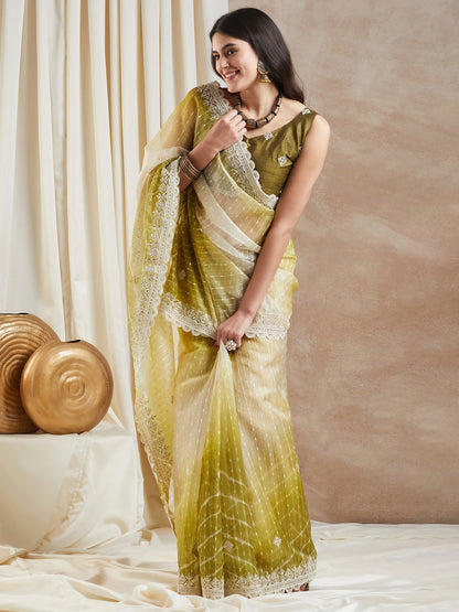 Women's Net Olive Embellished Designer Saree With Blouse Piece