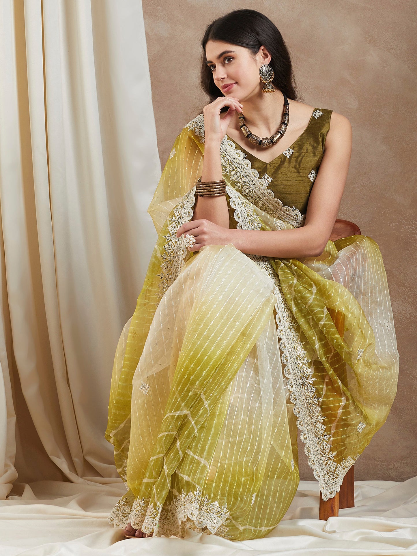 Women's Net Olive Embellished Designer Saree With Blouse Piece