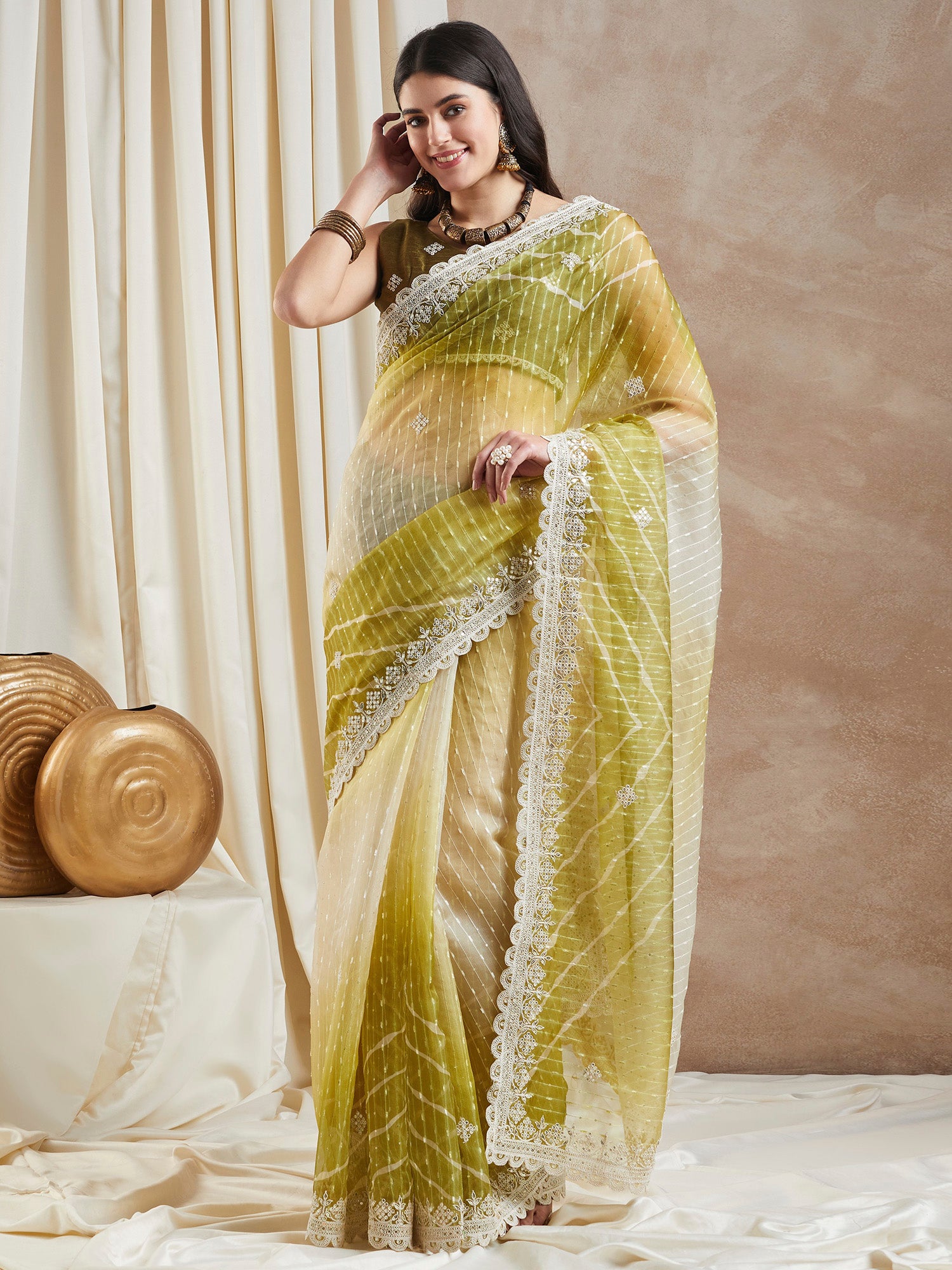 Women's Net Olive Embellished Designer Saree With Blouse Piece