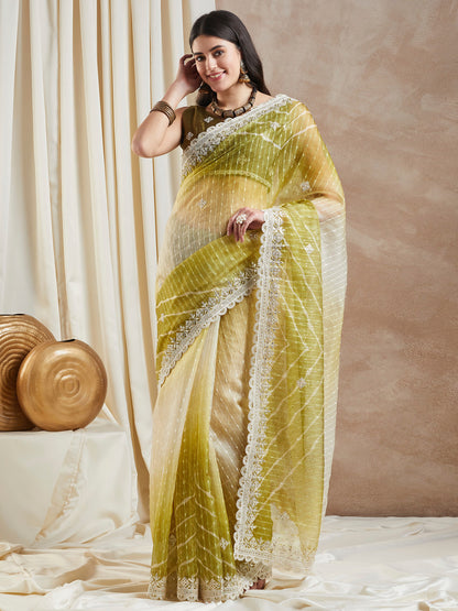 Women's Net Olive Embellished Designer Saree With Blouse Piece