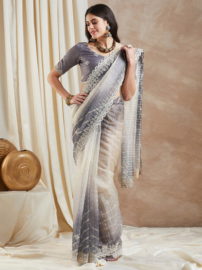 Women's Net Grey Embellished Designer Saree With Blouse Piece