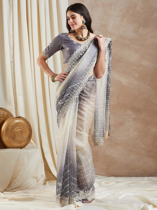 Women's Net Grey Embellished Designer Saree With Blouse Piece