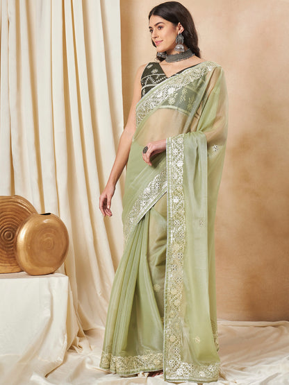 Women's Organza Light Green Embellished Designer Saree With Blouse Piece