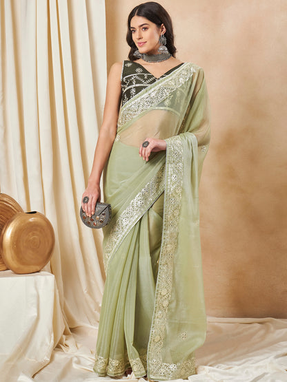 Women's Organza Light Green Embellished Designer Saree With Blouse Piece
