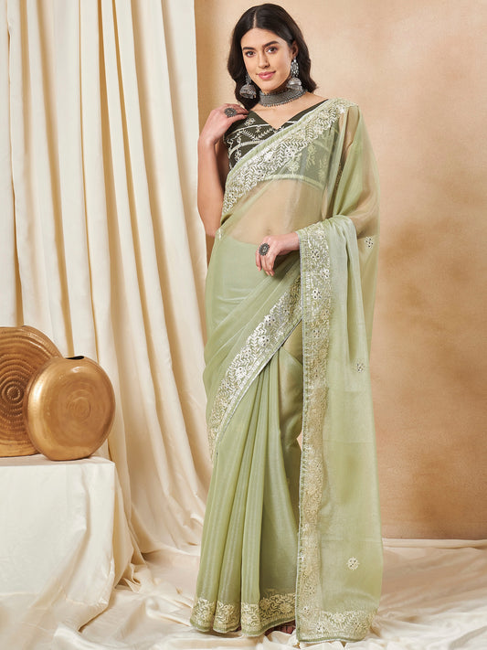 Women's Organza Light Green Embellished Designer Saree With Blouse Piece