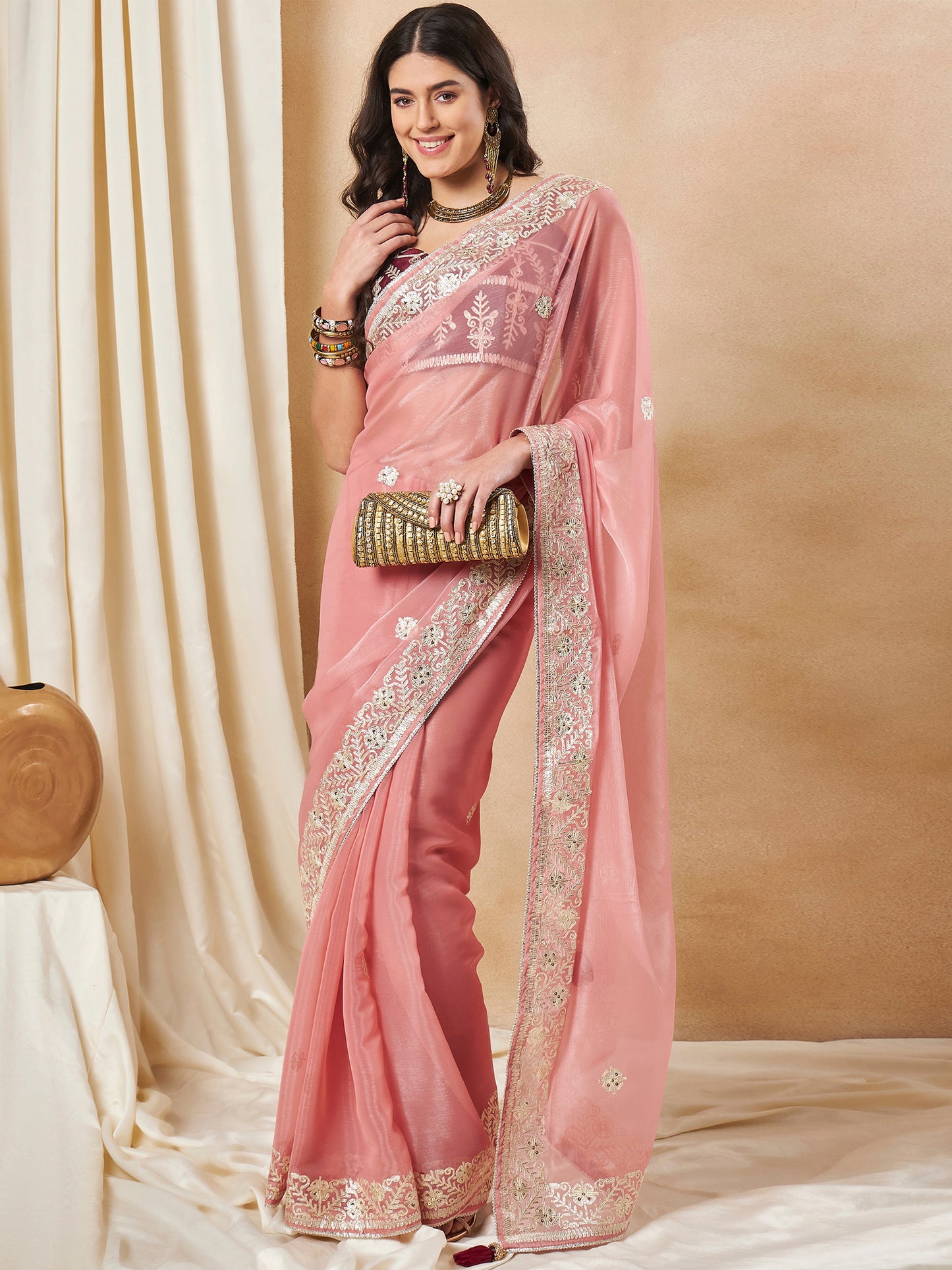 Women's Organza Peach Embellished Designer Saree With Blouse Piece