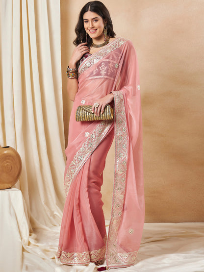Women's Organza Peach Embellished Designer Saree With Blouse Piece