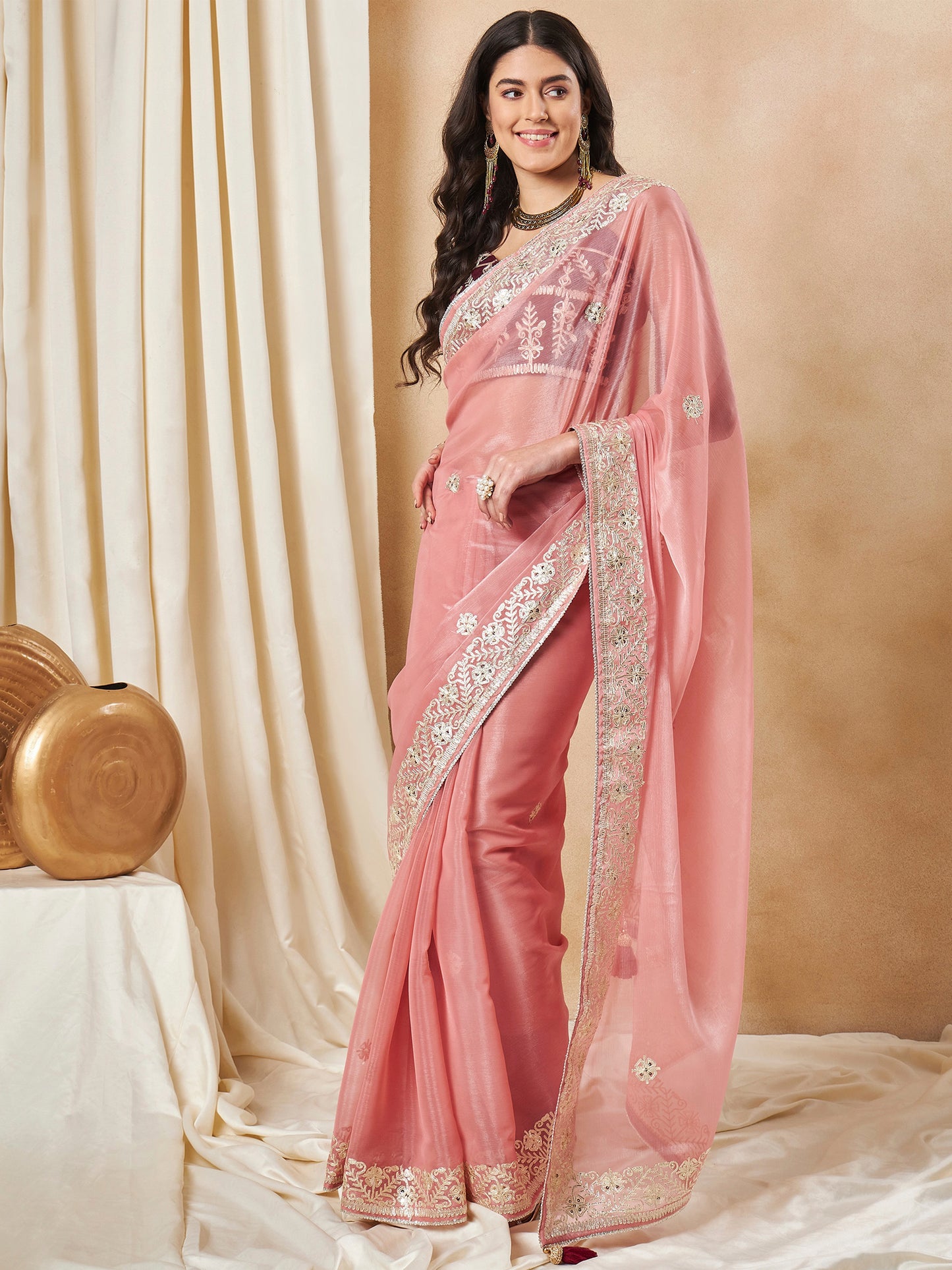Women's Organza Peach Embellished Designer Saree With Blouse Piece