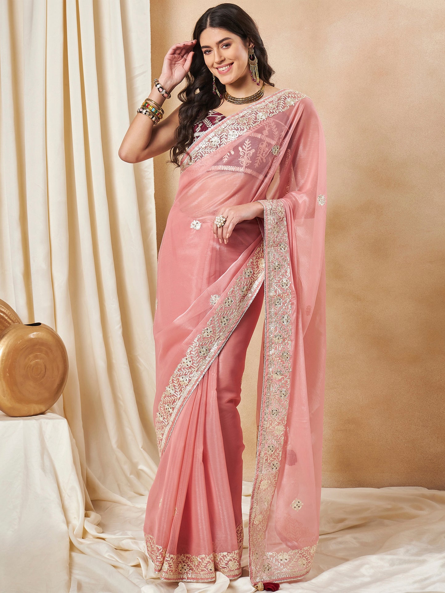 Women's Organza Peach Embellished Designer Saree With Blouse Piece
