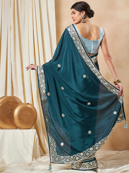 Women's Chiffon Teal blue Embellished Designer Saree With Blouse Piece