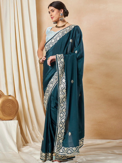 Women's Chiffon Teal blue Embellished Designer Saree With Blouse Piece