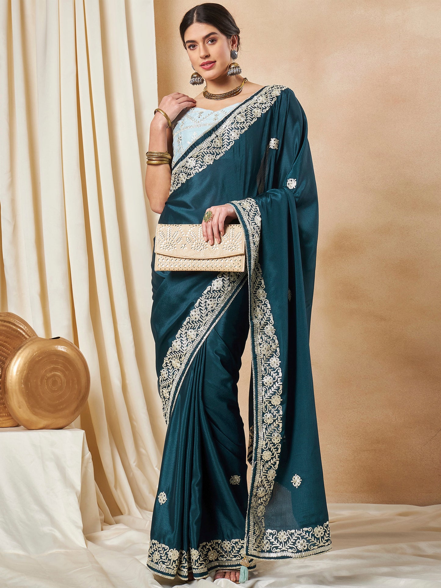 Women's Chiffon Teal blue Embellished Designer Saree With Blouse Piece