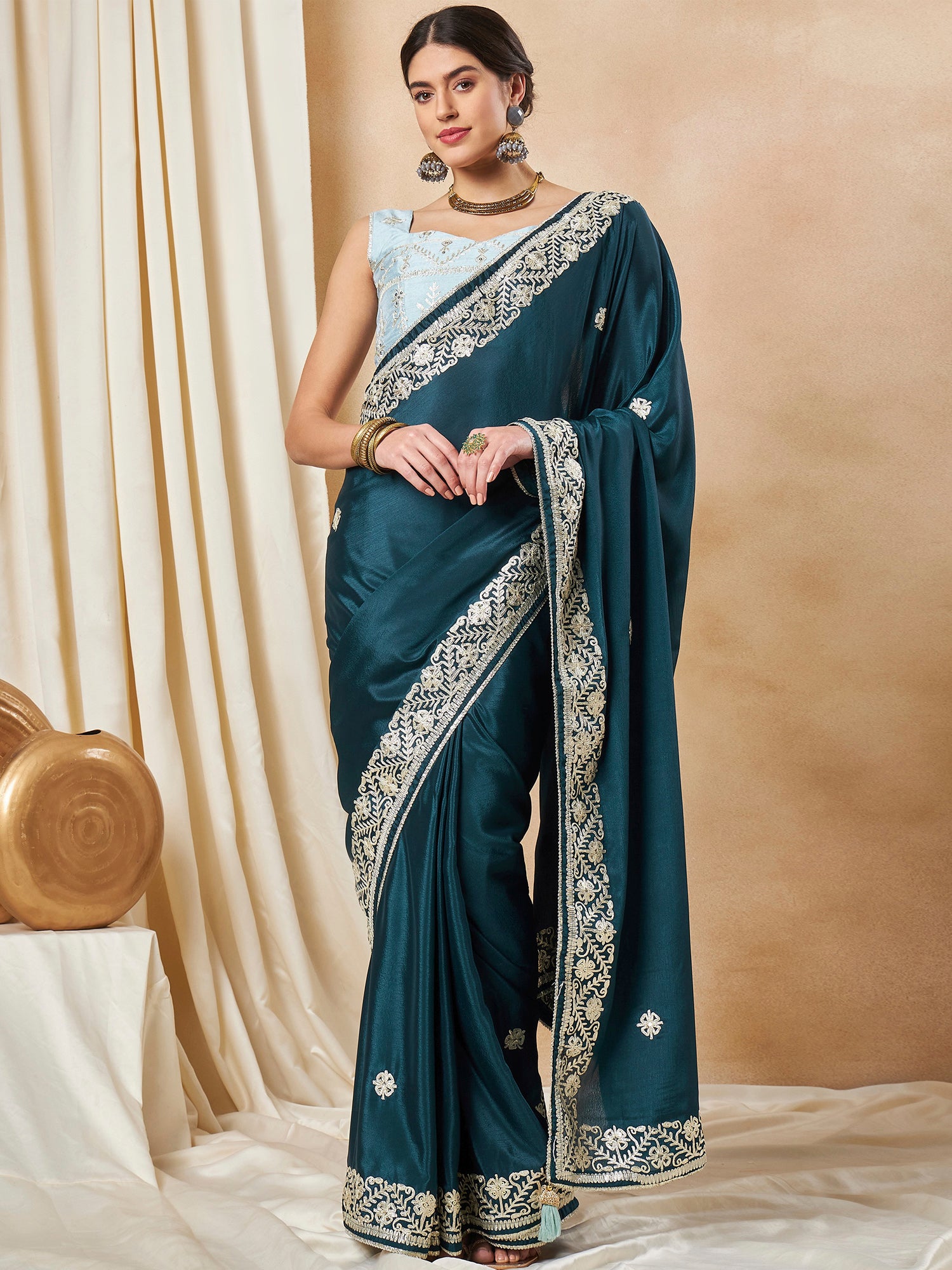 Women's Chiffon Teal blue Embellished Designer Saree With Blouse Piece