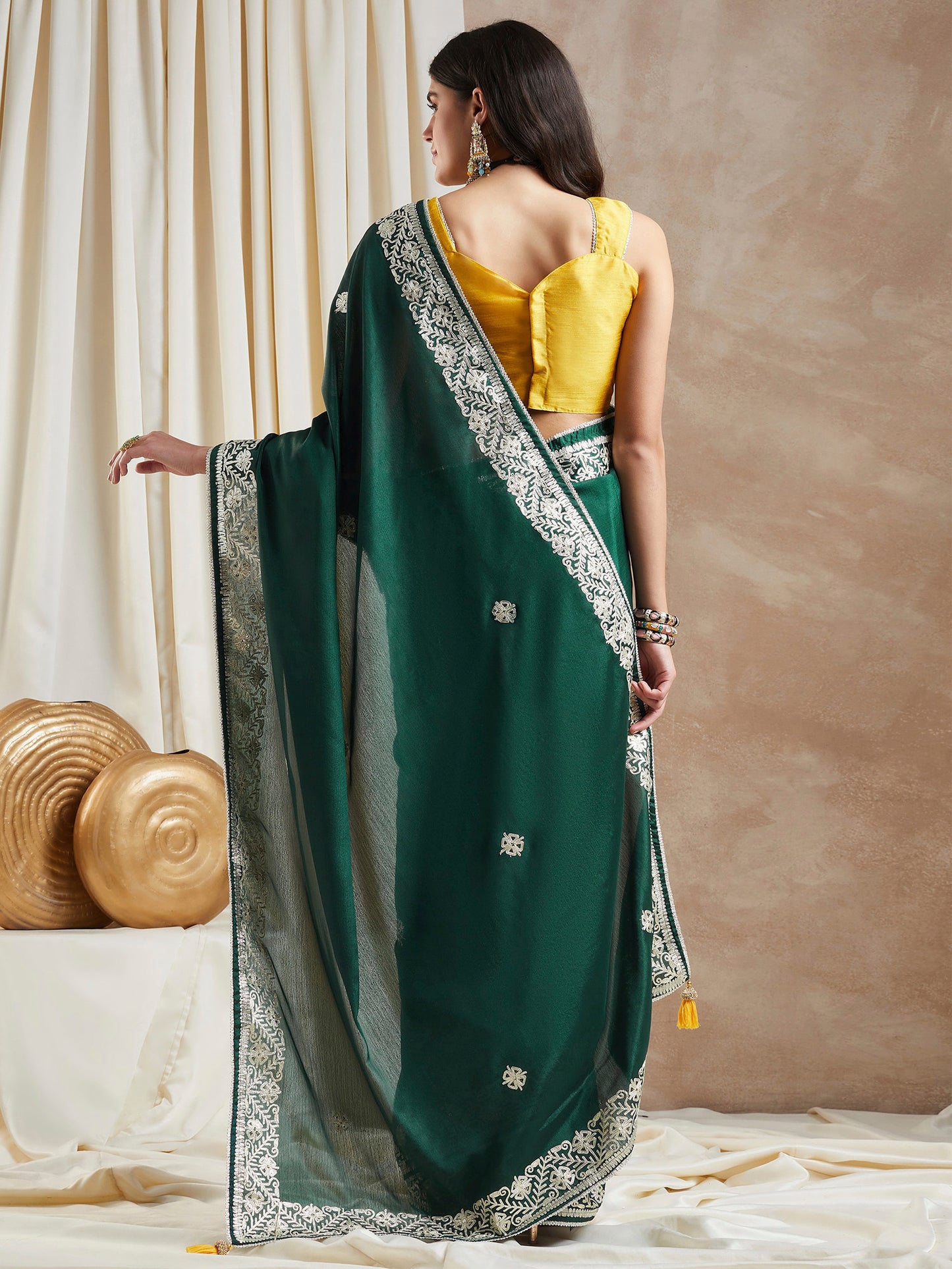 Women's Chiffon Dark Green Embellished Designer Saree With Blouse Piece