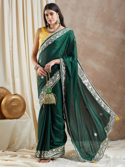 Women's Chiffon Dark Green Embellished Designer Saree With Blouse Piece