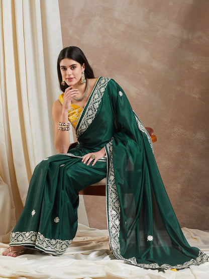 Women's Chiffon Dark Green Embellished Designer Saree With Blouse Piece