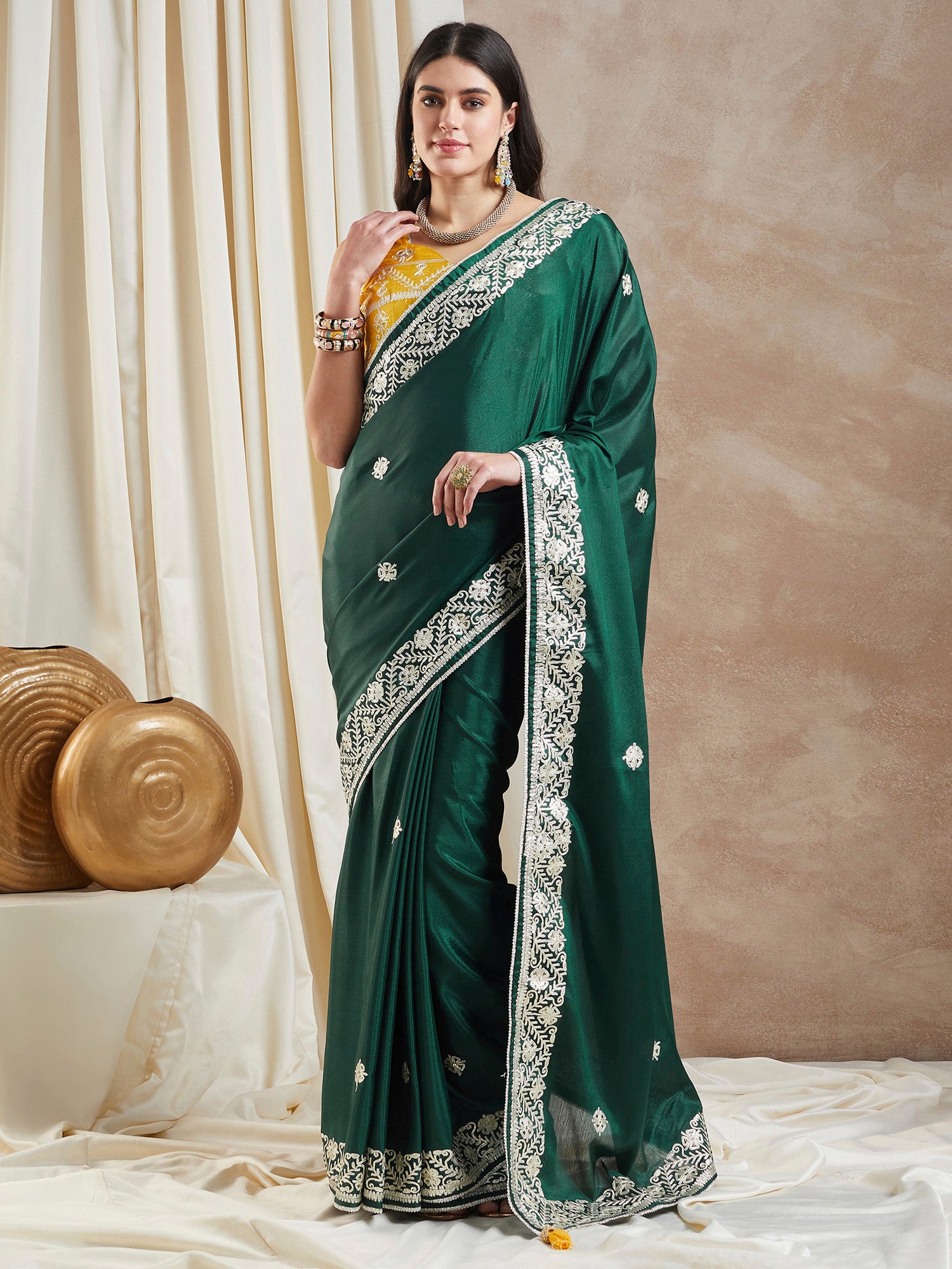 Women's Chiffon Dark Green Embellished Designer Saree With Blouse Piece