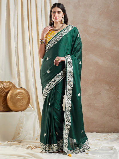 Women's Chiffon Dark Green Embellished Designer Saree With Blouse Piece