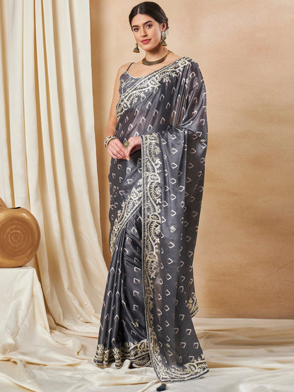 Women's Chiffon Grey Embellished Designer Saree With Blouse Piece