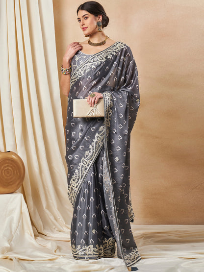 Women's Chiffon Grey Embellished Designer Saree With Blouse Piece